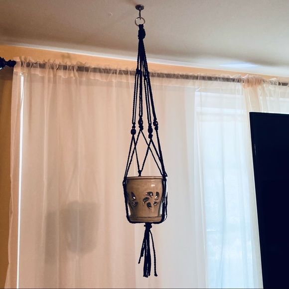 Plant Hanger Macrame Braids Knots Beads Black Dark Brown Wooden Bead Accents - Picture 4 of 6